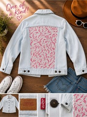 Levi’s Vintage White Denim Trucker Jacket Hand-Painted Pink Back Size Medium